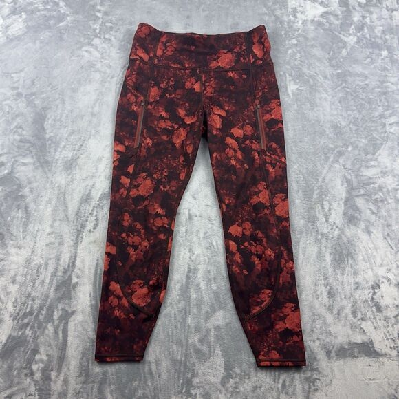 Athleta Rainier Printed Tights Womens Size Medium Petite MP Red Black Tie Dye - Picture 1 of 13